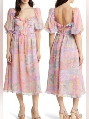 For Love & Lemons Pastel Floral  Midi Dress